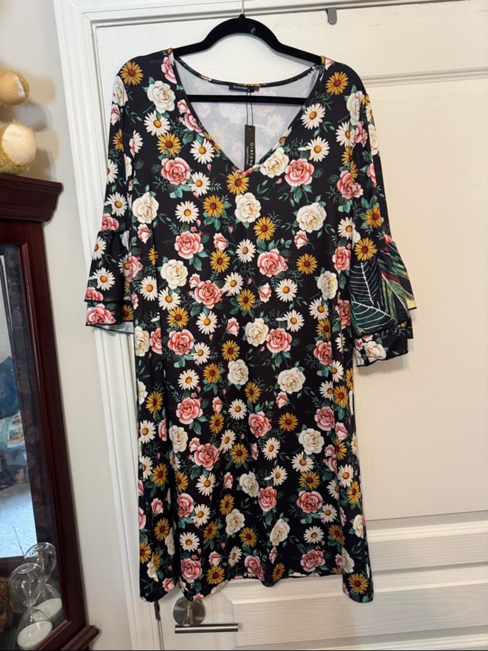 Floral V-Neck Women’s Dress in Black with Pink & Cream Blooms